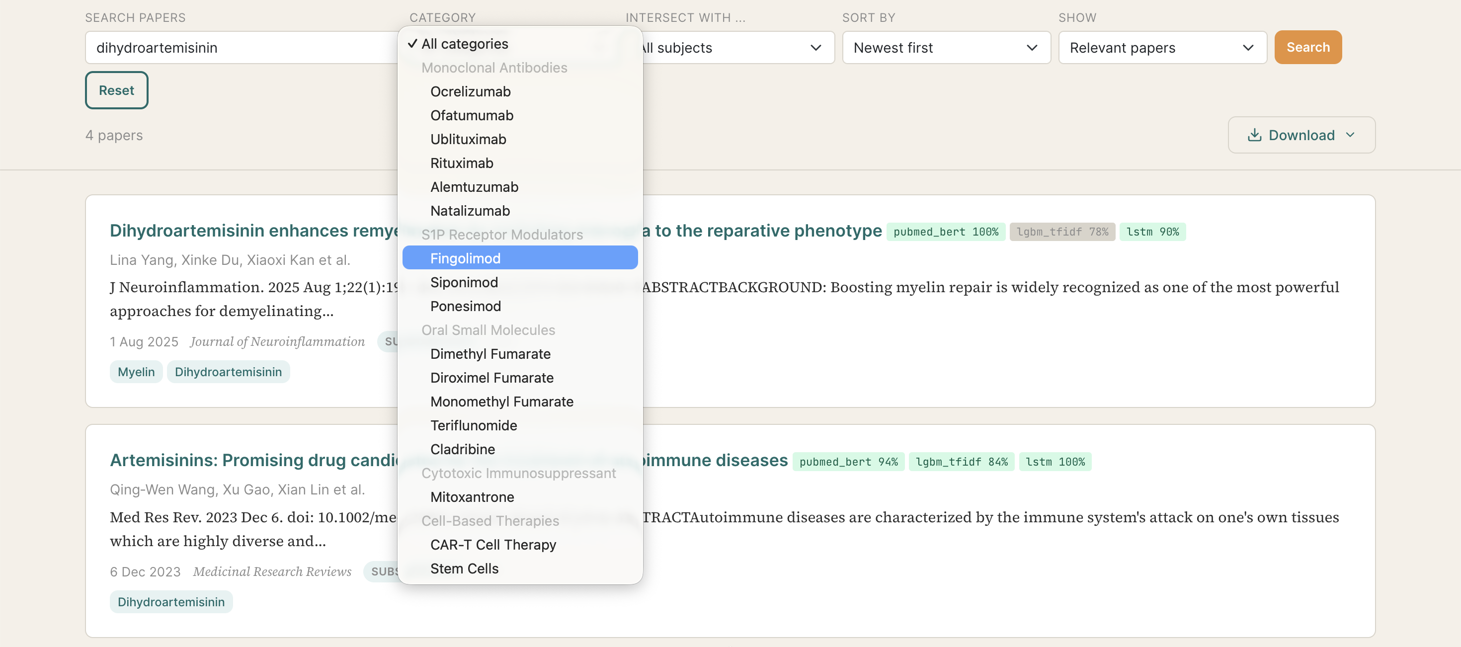 category filter dropdown expanded during a dihydroartemisinin search, showing MS treatment categories including Monoclonal Antibodies (Ocrelizumab, Rituximab, Natalizumab and others), S1P Receptor Modulators (Fingolimod highlighted, Siponimod, Ponesimod), Oral Small Molecules (Dimethyl Fumarate, Teriflunomide, Cladribine), Cytotoxic Immunosuppressant (Mitoxantrone), and Cell-Based Therapies (CAR-T Cell Therapy, Stem Cells)