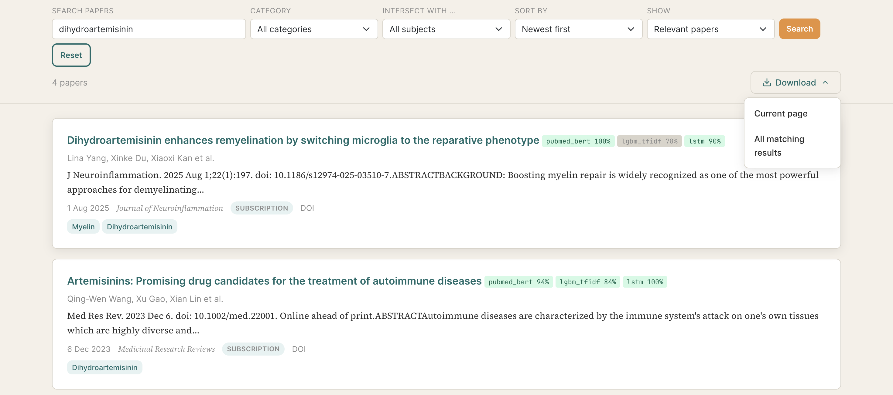 Search interface showing relevant papers on dihydroartemisinin, with ML relevance scores from pubmed_bert, lgbm_tfidf, and lstm algorithms, and a download dropdown offering 'Current page' or 'All matching results' options.