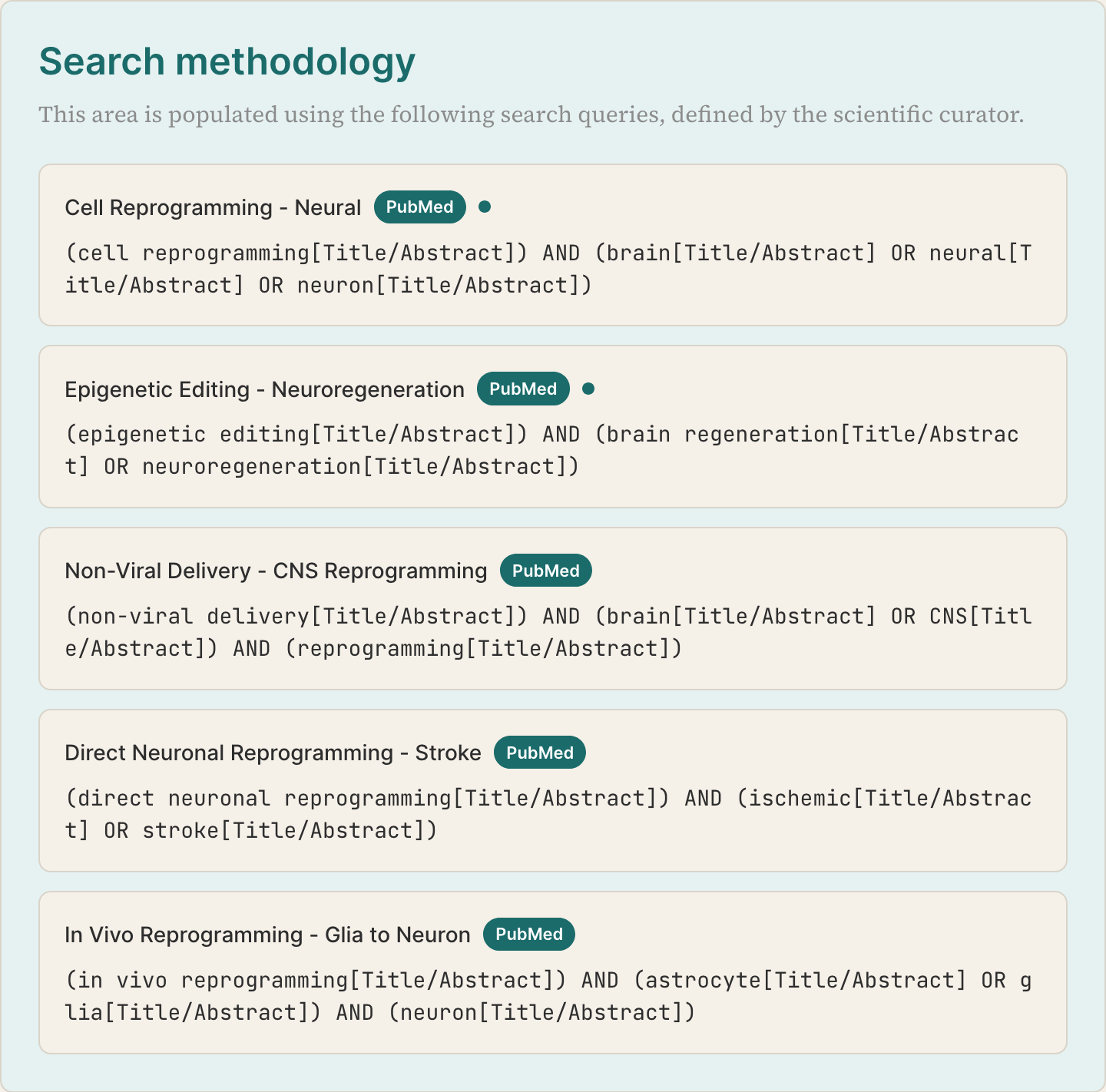 PubMed-style search queries listed on the Brain Regeneration Observatory research area page